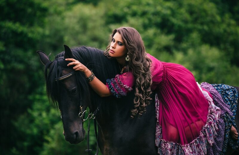 Woman with Black Horse — Dramatic, Photograph, Dress