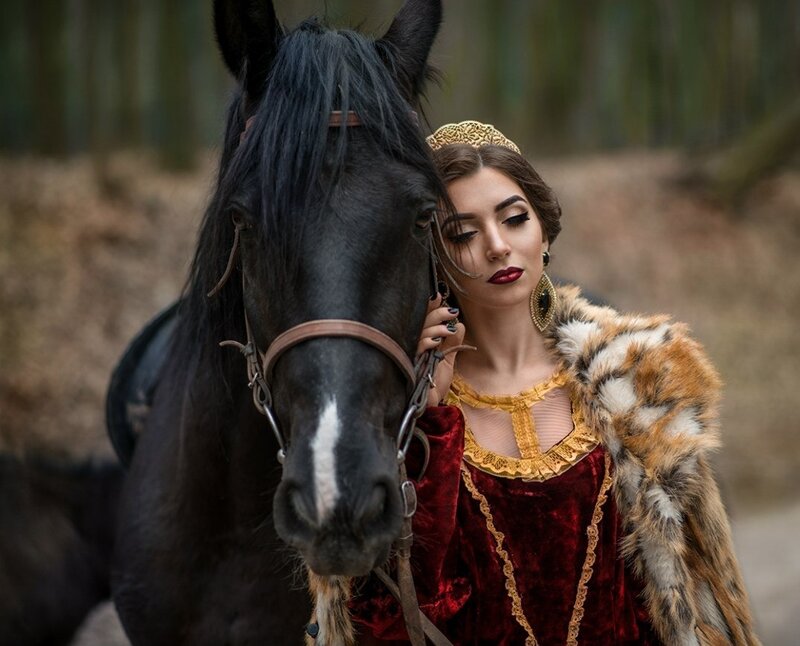 Woman with Black Horse — Dramatic, Photograph, Fur Coat