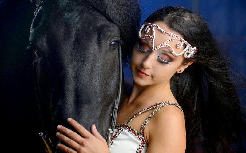 Woman with Black Horse — Dramatic, Photograph, Headband