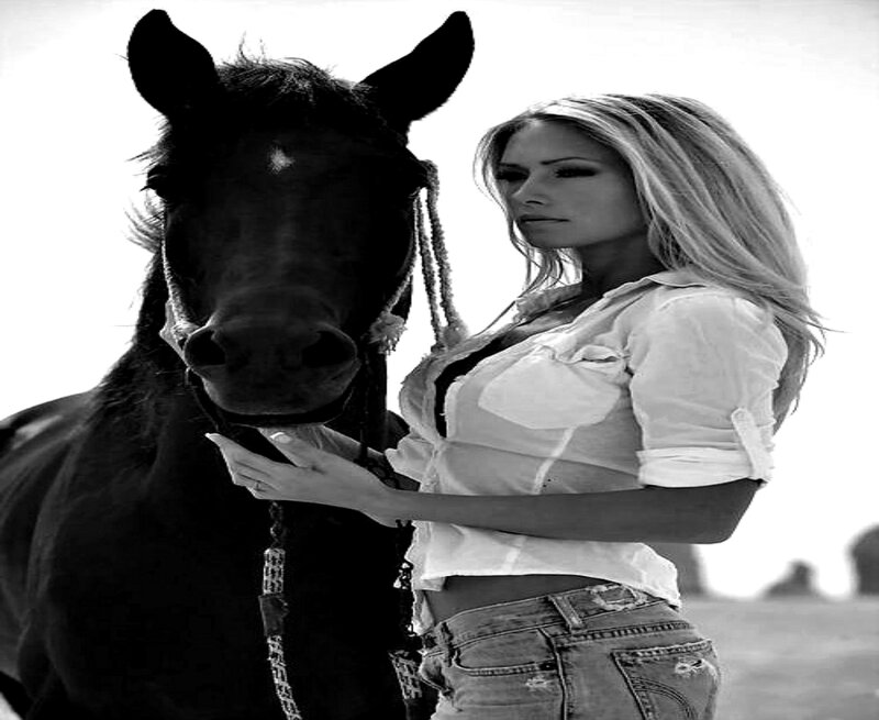 Woman with Black Horse — Dramatic, Photograph
