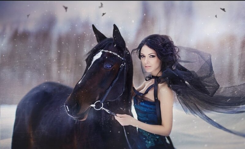 Woman with Black Horse — Dramatic, Winter, Digital Art, Snow, Birds
