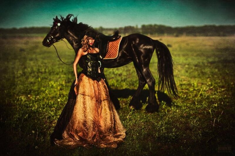 Woman with Black Horse — Green, Dramatic, Afternoon