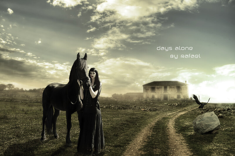 Woman with Black Horse — Green, Dramatic, Sunset