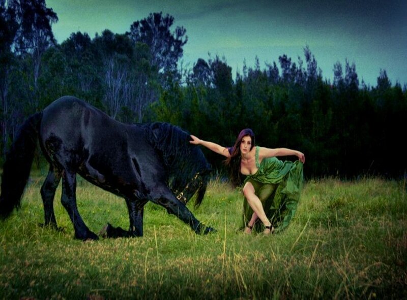 Woman with Black Horse — Green, Dramatic