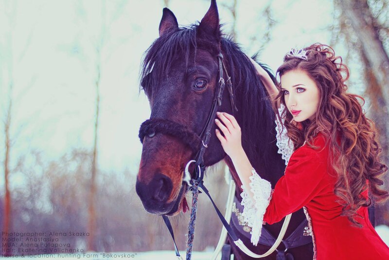 Woman with Black Horse — Red, Dramatic