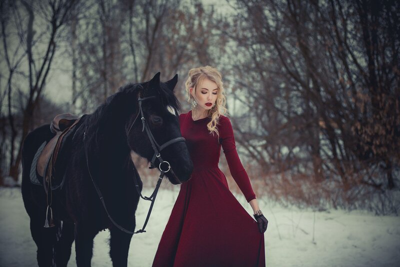 Woman with Black Horse — Red, Dramatic, Winter
