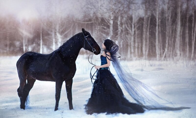Woman with Black Horse — Serene, Winter, Digital Art