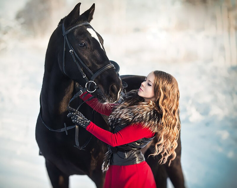 Woman with Black Horse — Serene, Winter, Photograph