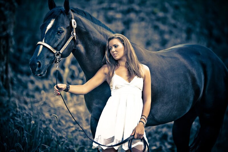 Woman with Black Horse — White, Dramatic