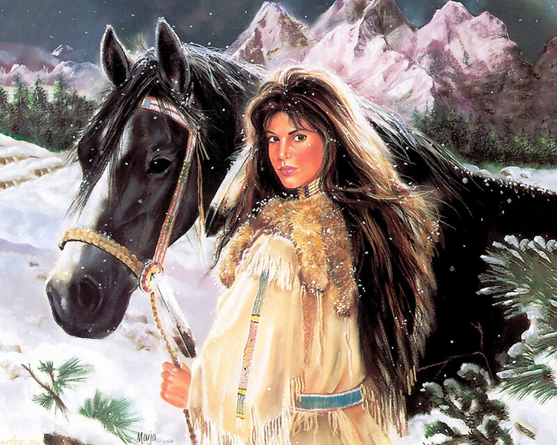 Woman with Black Horse — White, Dramatic, Winter