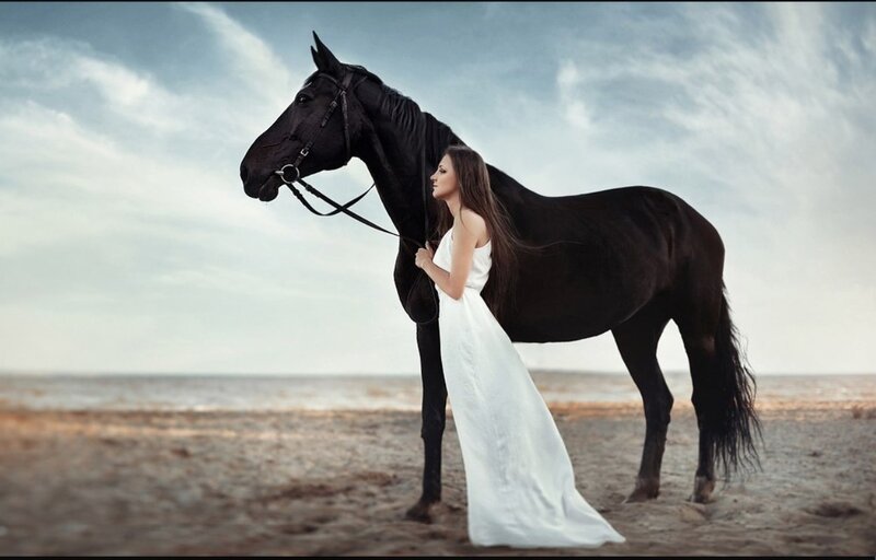 Woman with Black Horse — White, Serene, Sunset, Photograph