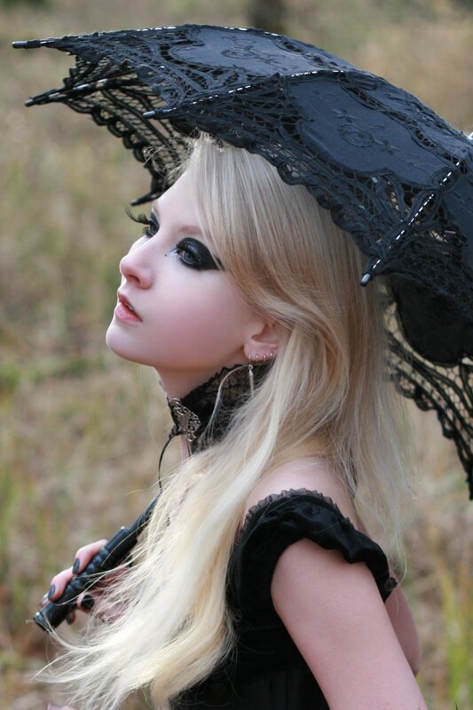 Woman with Black Lace Umbrella — Dramatic, Photograph, Long Hair