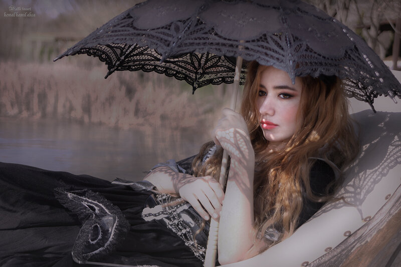 Woman with Black Lace Umbrella — Dramatic, Photograph