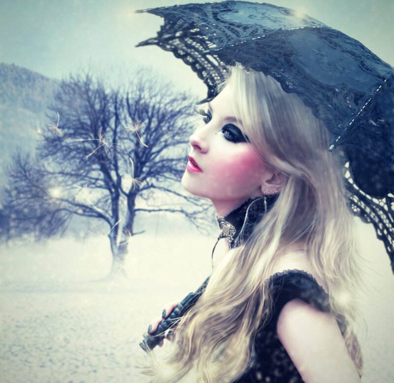 Woman with Black Lace Umbrella — Dramatic, Winter