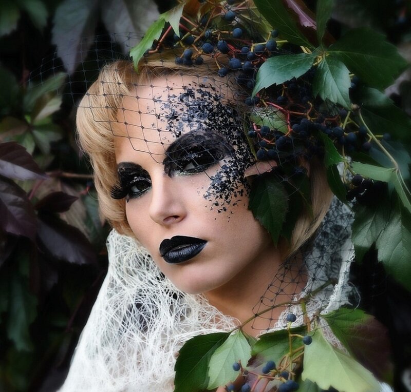 Woman with Black Makeup — Dramatic, Photograph, Face Veil