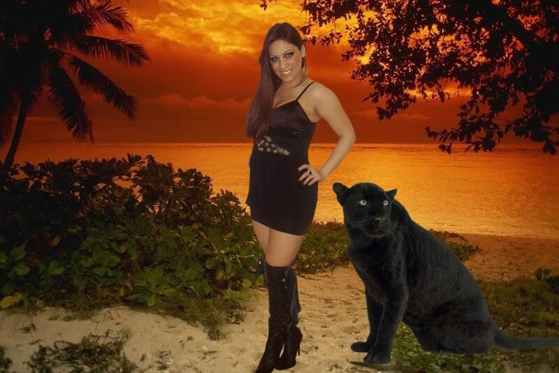 Woman with black panther at sunset