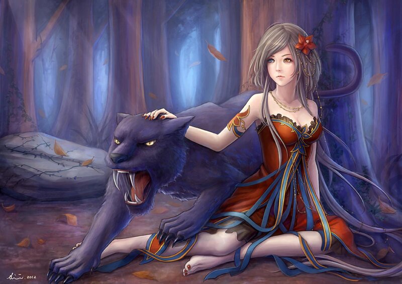 Woman with Black Panther — Blue