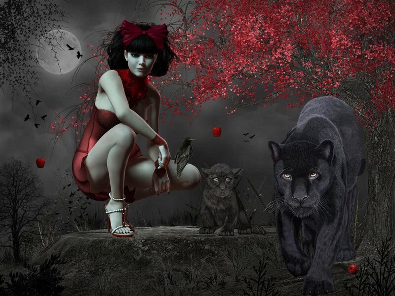 Woman with Black Panther — Dramatic, Night, Digital Art, Cub