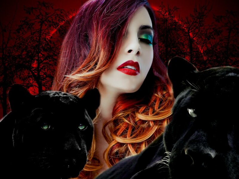 Woman with Black Panthers — Red