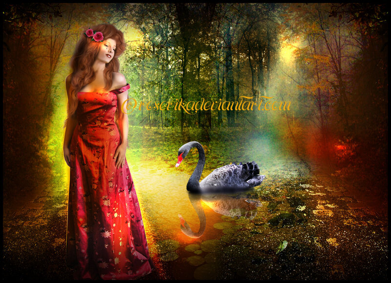 Woman with Black Swan — Red