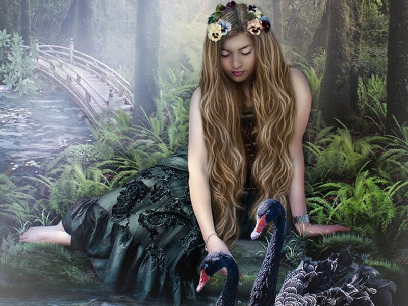 Woman with Black Swans — Green