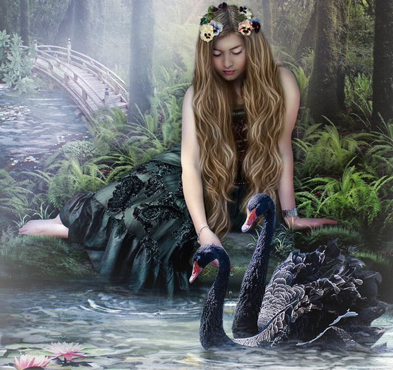 woman with black swans in forest