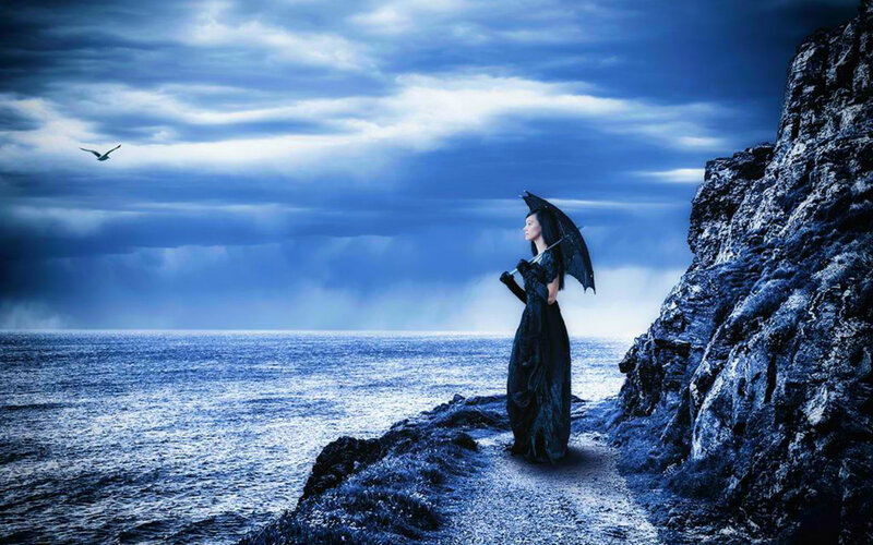Woman with Black Umbrella — Blue, Dramatic, Night
