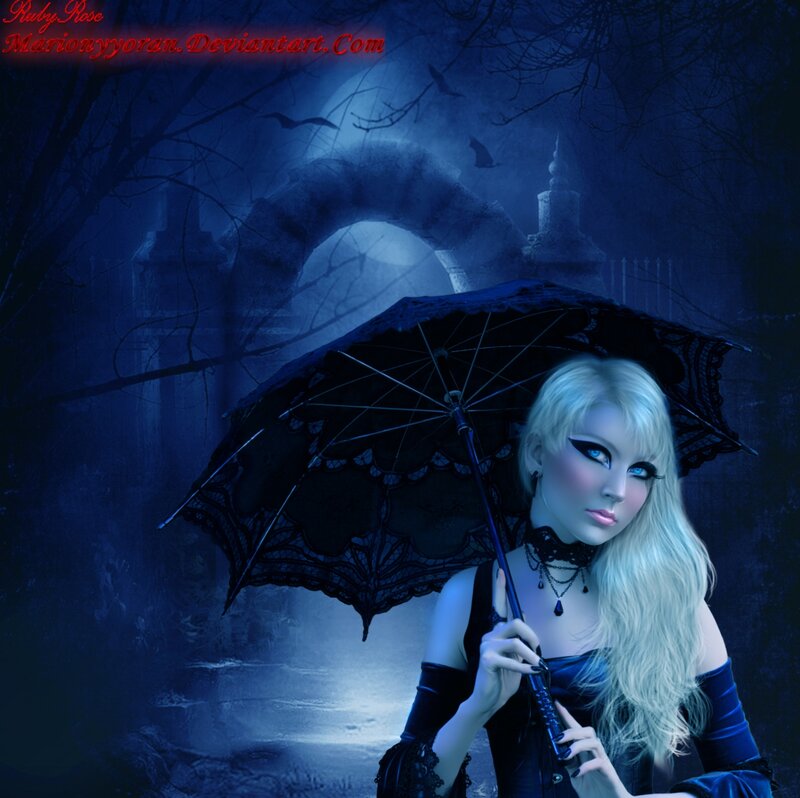 Woman with Black Umbrella — Blue