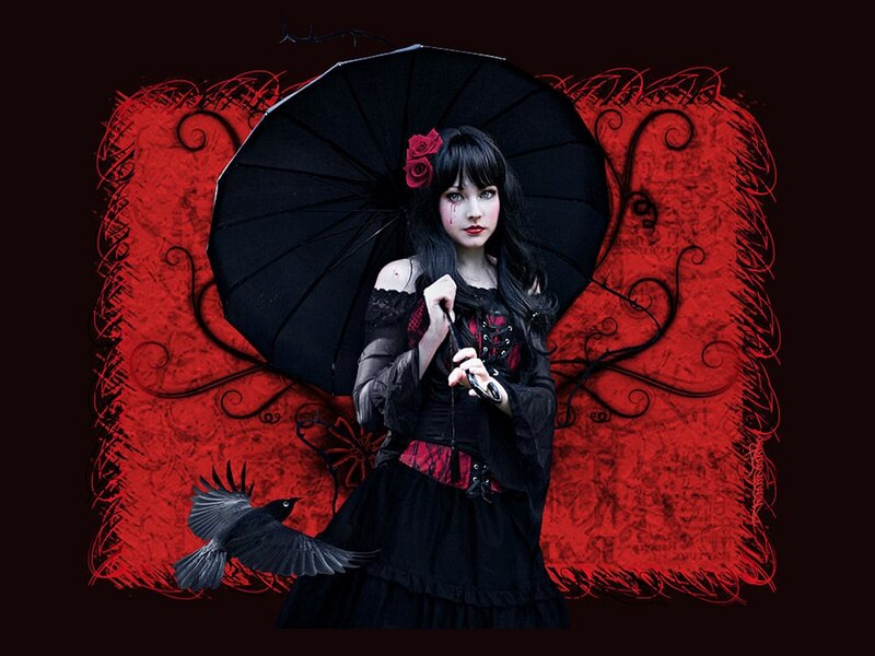 Woman with Black Umbrella — Dramatic, Digital Art, Black Umbrella, Red Rose