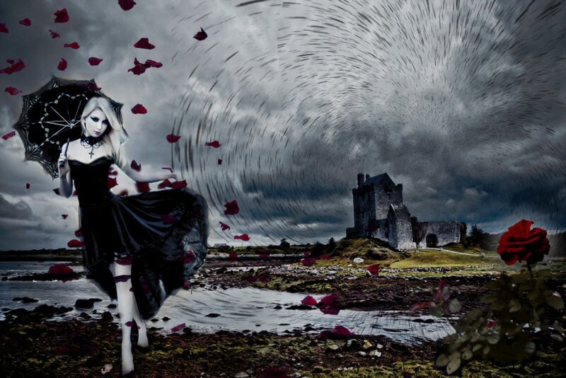 Woman with Black Umbrella — Dramatic, Digital Art, Castle