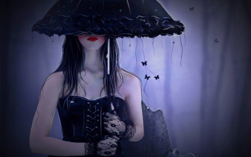 Woman with Black Umbrella — Dramatic, Night, Digital Art, Corset, Butterflies