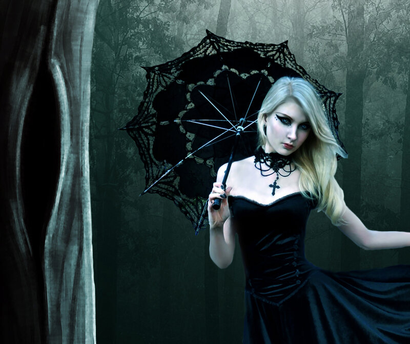 Woman with Black Umbrella — Dramatic, Night, Digital Art, Dress