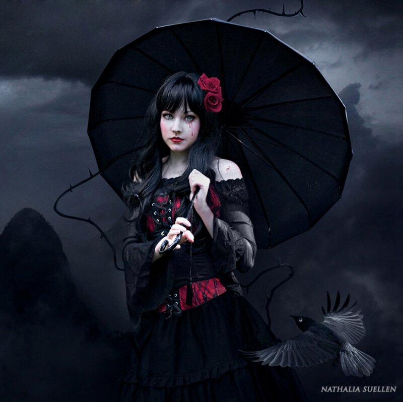Woman with Black Umbrella — Dramatic, Night, Photograph