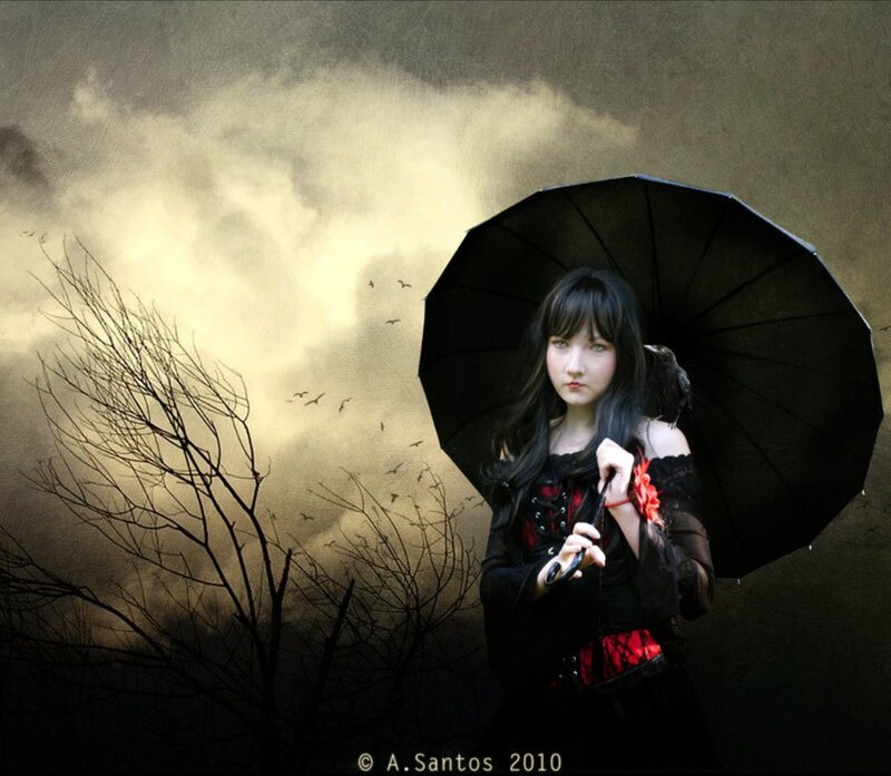 Woman with Black Umbrella — Dramatic, Night, Photograph, Tree