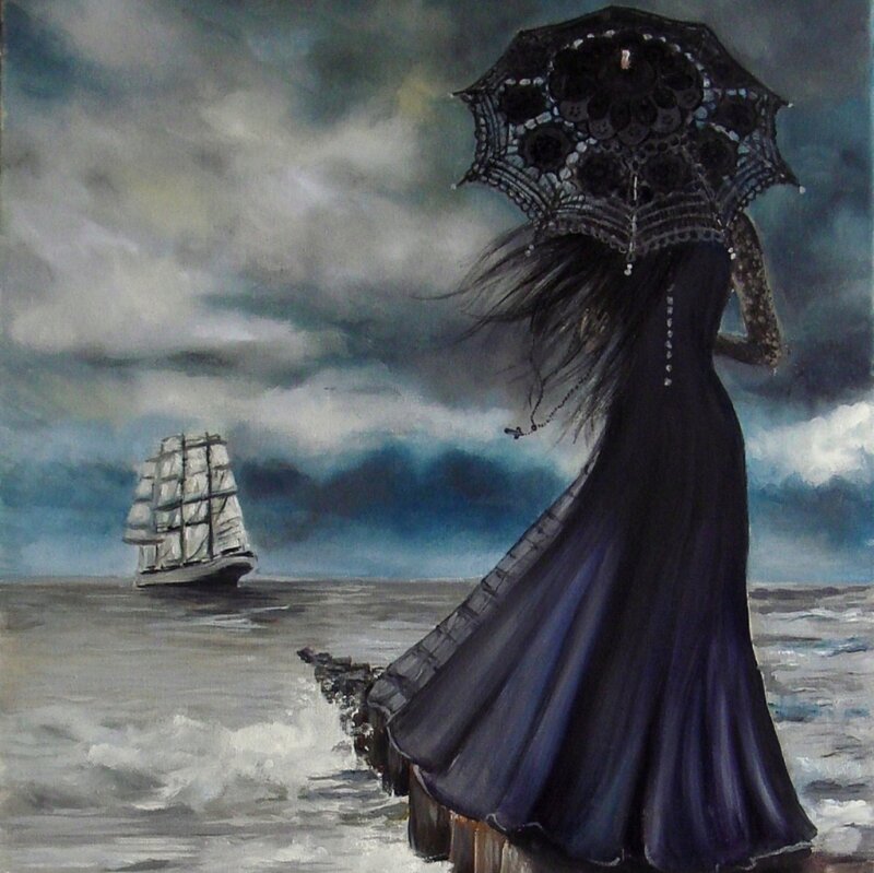 Woman with Black Umbrella — Dramatic, Painting