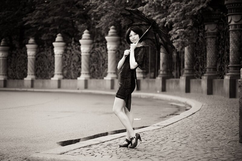 Woman with Black Umbrella — Dramatic, Photograph, Dress