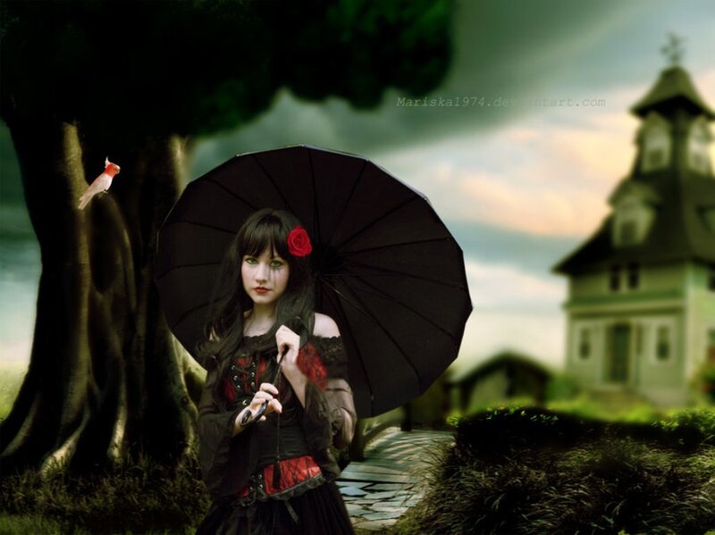 Woman with Black Umbrella — Dramatic, Sunset, Digital Art, Bird