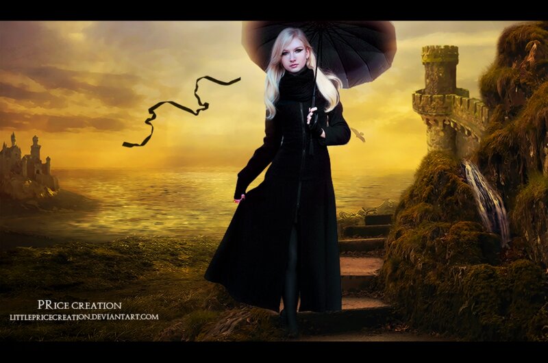 Woman with Black Umbrella — Dramatic, Sunset, Digital Art