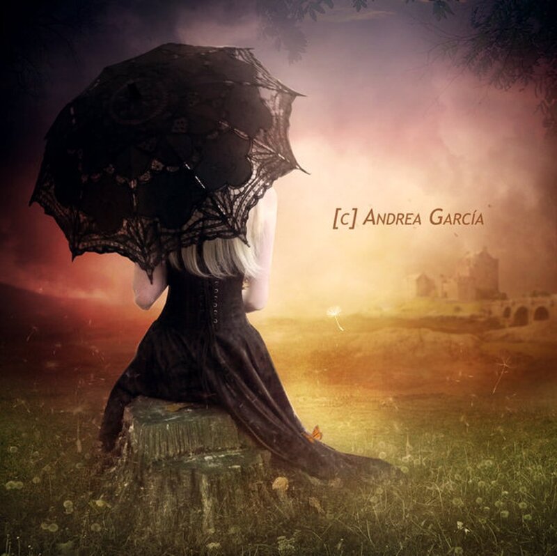 Woman with Black Umbrella — Dramatic, Sunset