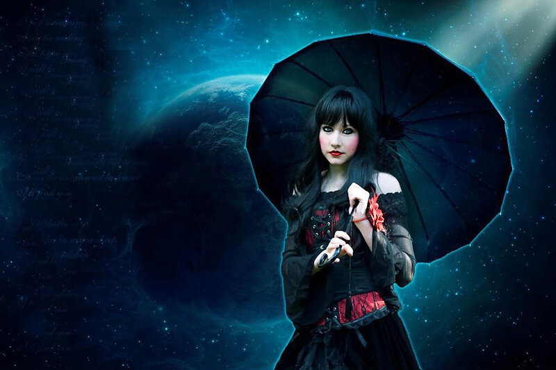 woman with black umbrella in space
