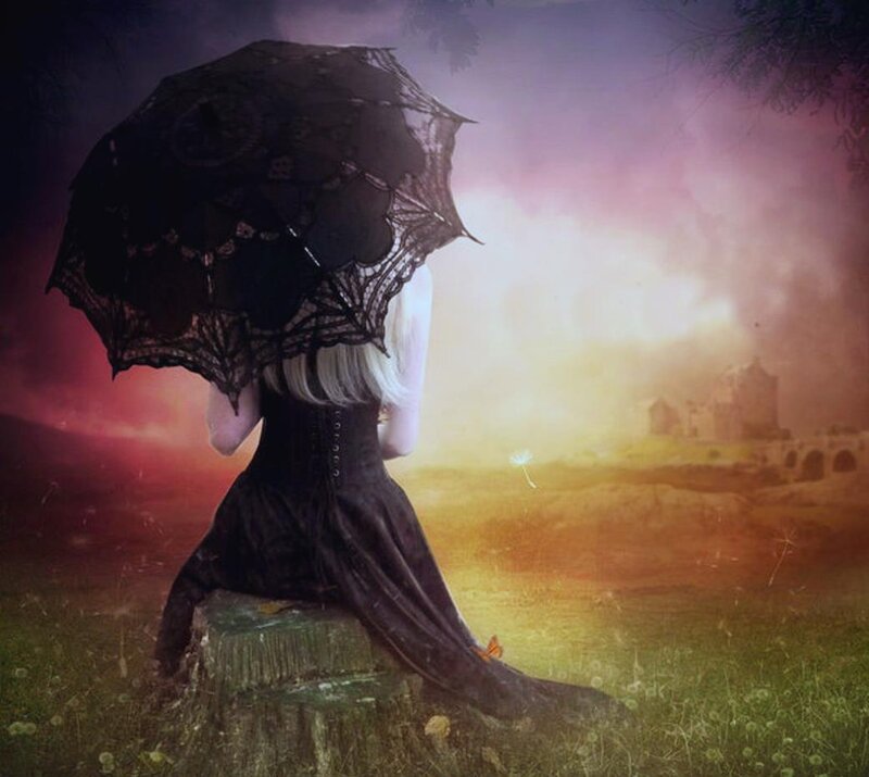 Woman with Black Umbrella — Melancholic, Sunset