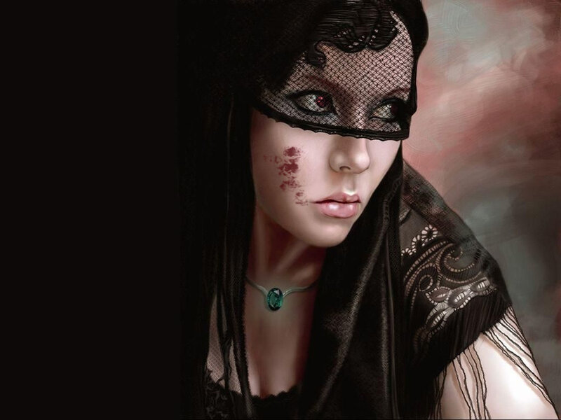 Woman with Black Veil — Dramatic, Digital Art, Necklace