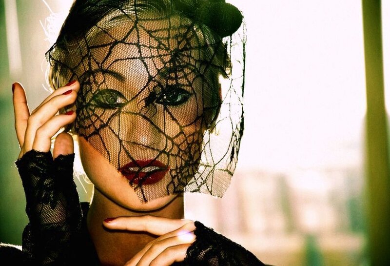 Woman with Black Veil — Dramatic, Photograph, Lips