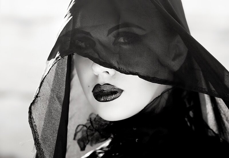 Woman with Black Veil — Dramatic, Photograph, Lipstick