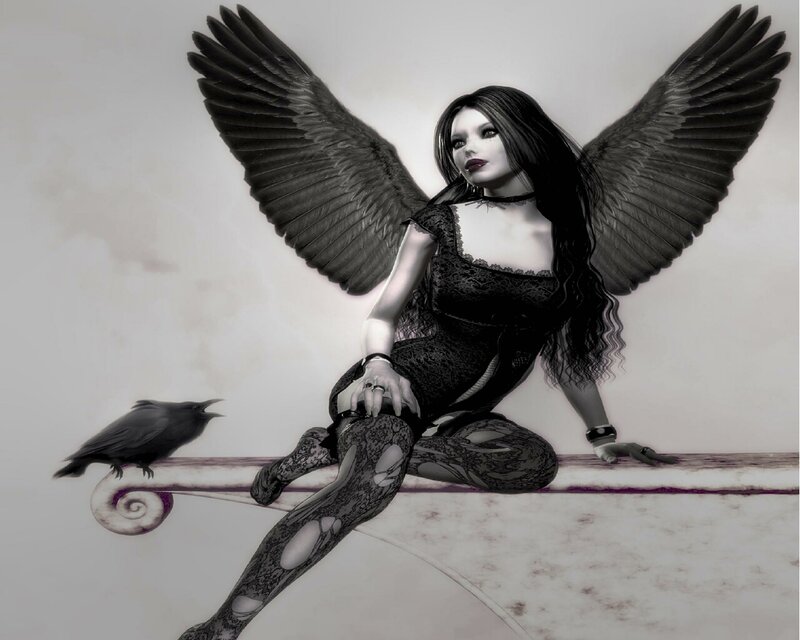 woman with black wings and crow