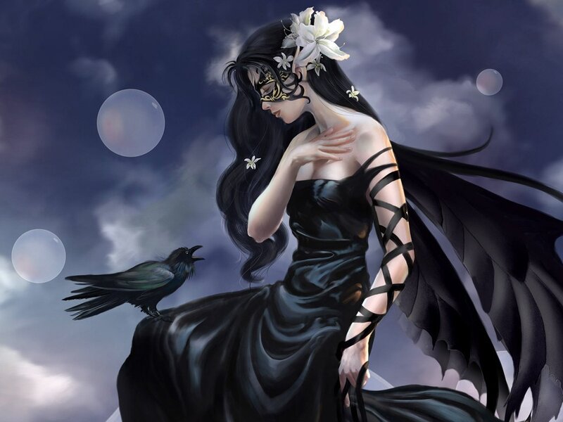Woman with black wings and crow