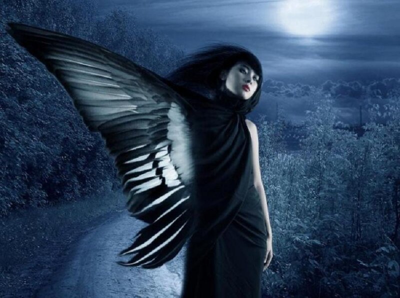 woman with black wings at night