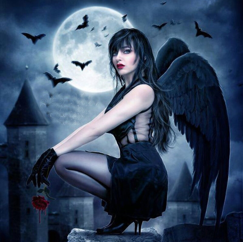 Woman with Black Wings — Blue, Dark, Night, Digital Art, Moon