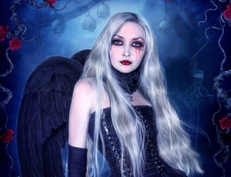 Woman with Black Wings — Blue, Dark, Night, Digital Art, Skulls