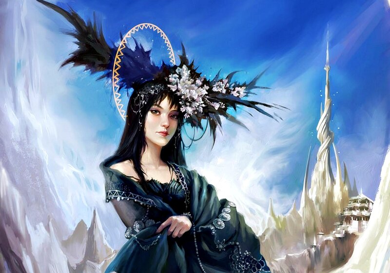 Woman with Black Wings — Blue, Dramatic, Digital Art, Flowers